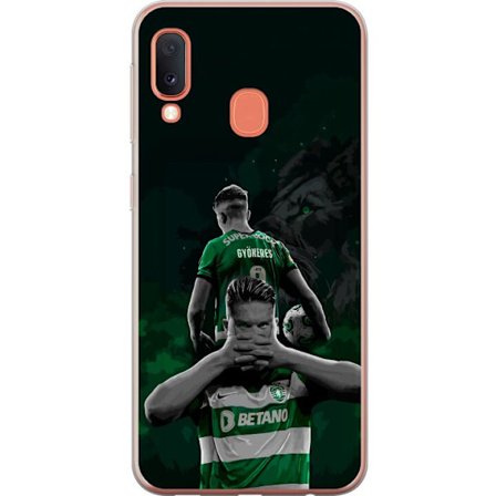 Yhteensopiva Puhelinkuori Samsung Galaxy A20e Neonmotiivi, jossa teksti "Gaming is in my DNA" sinisenä ja punaisena tiiliseinällä, jossa loistava DNA-