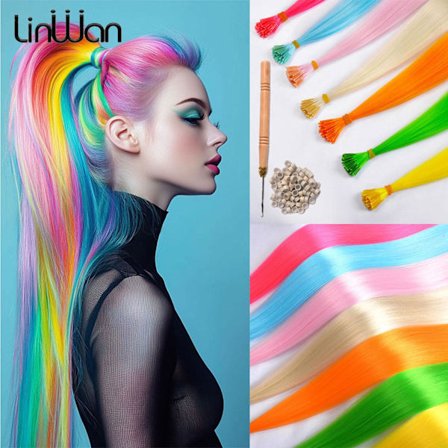 LINWN Straight I Tip Color Hårförlängningar 20" Natural Fusion Syntetiskt hår Keratin Capsule Lila blå