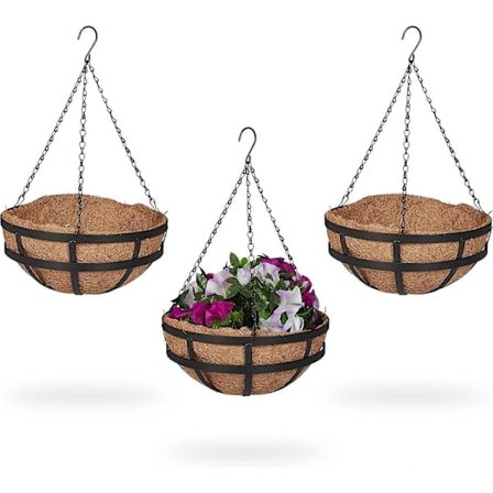 Riippuva kukka-amppeli 3 koria, kookoskuituvuoraus, KxL: 50x31 cm, riippuvat kasvit, sisä- ja ulkokäyttöön, metallirunko, ruskea/musta