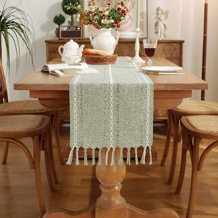 Bordløper i bondestil, rustikke bordløpere med håndlagde dusker, vintage vevd bordløper i bomulls-lin