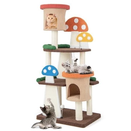 COSTWAY Mushroom Cat Tree - 2 asuntoa, interaktiiviset pallot, raapimispuu, taso - Cat Play Tower