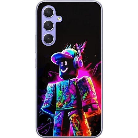 Kompatibelt Mobildeksel til Samsung Galaxy A54 Fargerik Roblox-spiller i neonfarger mot svart bakgrunn i moderne spillstil