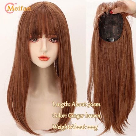 MEIFAN Långt rakt hår Toppers Clip Hair Extensions Syntetiskt hår Topper Natural Black Brown 3-Clip with Bang Fake Hairpiere