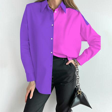 Kvinnor Button Down Tunika Skjorta Color Block Skjortor