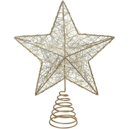 Joulukuusen huippu kultaisilla tähdillä ja LED-valoilla joulukuusen koristeluun