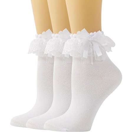 Ankelsokker for kvinner, bomullsblonder med volanger, prinsessestil, kjolesokker, damesokker med blonder og sløyfe på toppen