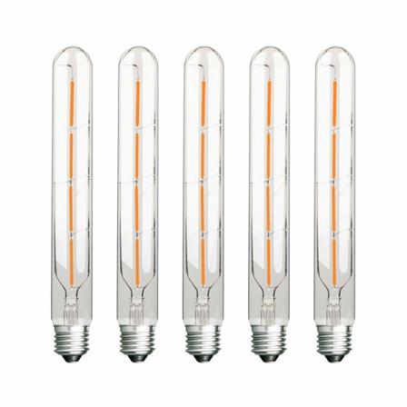 Sæt med 5 lange rørformede LED-pærer, 4W, svarende til 40W glødepære, E27-sokkel, varm hvid 2700K, 400LM, transparent glas, AC 220-240V