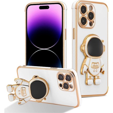 Kompatibel med iPhone 14 Pro (6.1") Cover med Sødt Astronaut Støttefod Design Stødsikkert Belægnings Telefon Cover til iPhone 14 Pro - Hvid