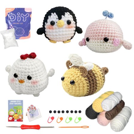för Nybörjare - 4-pack Val Kyckling Pingvin Bi Virkade Djur Lätt Lära Börja Amigurumi Stickningskit