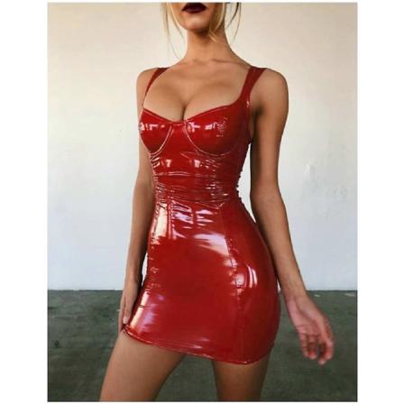 2023 sommar miniklänning i latex i konstläder för kvinnor red XL