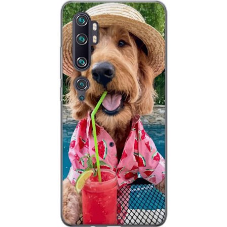 Kompatibelt Mobilskal till Xiaomi Xiaomi Mi Note 10 Pro Sommarhund dryck motiv med glad hund i hatt och rosa skjorta som dricker en smoothie vid poole