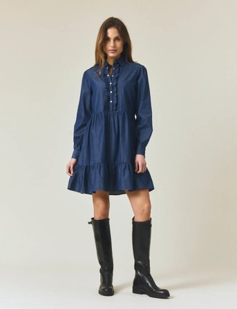 Lexington Clothing Denim Frill Tunic Dress - Blue - L