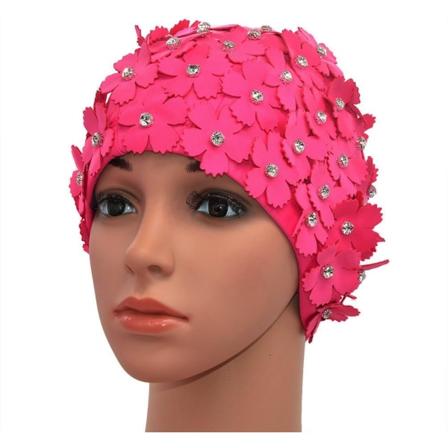 Naisten retrotyylinen kukkaterälehti tekojalokivi manuaaliset uimalakit, ruusunpunainen,