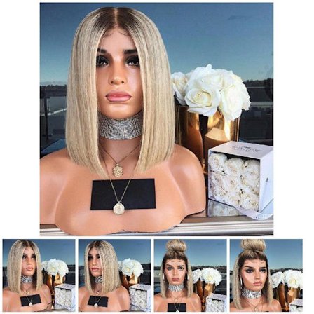 Kvinder Bob Style glat hår paryk Syntetisk gradient blondt hår Varmebestandig kort paryk Sort