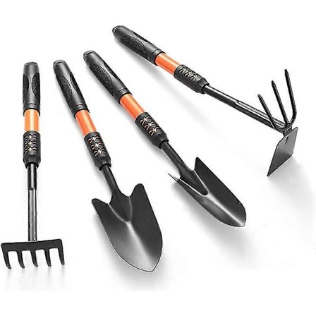 Hageredskaper, 4 deler hageredskaper for voksne, forlengede ergonomiske håndtak, med spader, håndrive, manuelle lukere, hakke