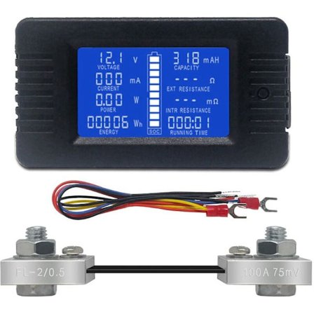 DC Batteri Måler Voltmeter Amperemeter Energi Energiovervågning LCD Digital Multimeter Spænding Strøm Kap Ohm Time SOC LCD Måler DC 0-200V 100A Shunt