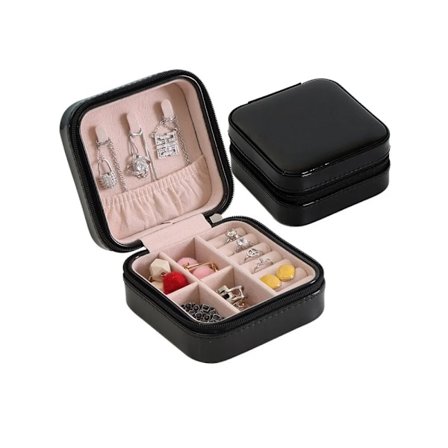 Ensfarvet Smykker Arrangør Læder Firkantet Lille Rund Æske Ring Øreringe Bærbar Rejse Smykker Opbevaring Taske