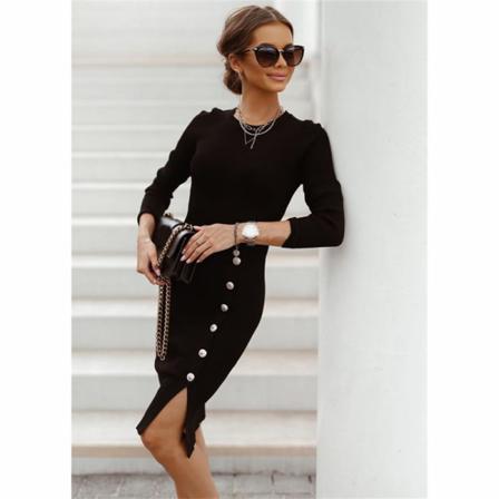Damklänning Vinter Hip Sexig Slit Party Knappar Långärmad Basi