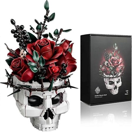 Skull Rose Bouquet Byggset för Vuxna - Halloween Gotisk Skräck Skelett Kruka Heminredning - Konstgjord Blomma Botanisk Kollektion -FQ-