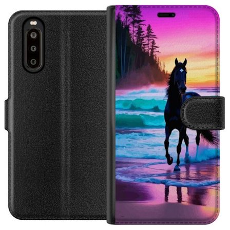 Kompatibelt Lommeboketui til Sony Xperia 10 II Svart hest på stranden ved solnedgang med fargerik himmel, drømmeaktig naturillustrasjon for plakater