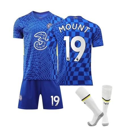 Chelsea F.C Hjem Barn Herre Fotballsett Fotballdrakt Trenings T-skjorte dress 21/22 KANTE / HAVERZ / WERNER / MOUNT 19 - MOUNT 16 (90-100cm)