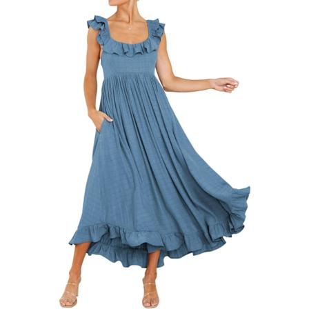 ivimos Sommarklänning för kvinnor, ärmlös Boho volang fyrkantig hals knyt baktill casual rygglös flytande midiklänning blå liten