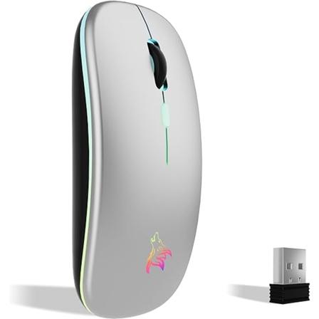 Oppladbar trådløs mus, 7-farget bakgrunnsbelyst mus med mini 2,4 GHz USB-mottaker, spillmus