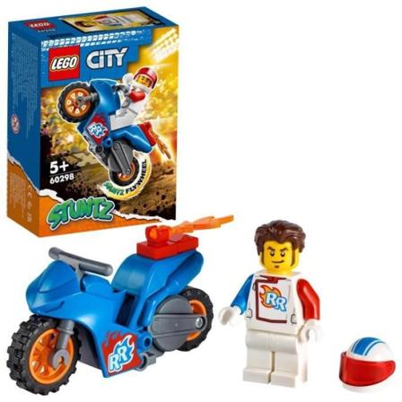 LEGO 60298 City Stuntz The Rocket Stunt Motorcykel, retro-friktions motorcykellegetøj til børn fra 5 år og opefter med Rocket Racer figur Blå