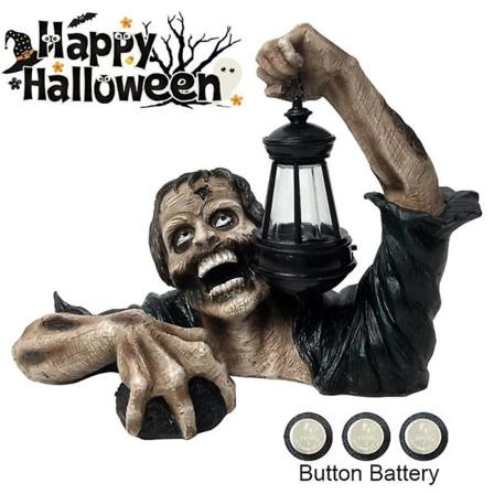 Halloween Kreativ Skräck Avskyvärd Harts Zombiestaty Med Batteri Lykta Utomhus Trädgård Prydnadssaker Festdekorationer