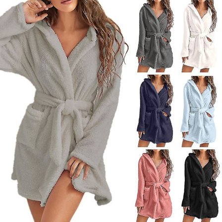 Kvinder blød plys fleece morgenkåbe hætte mid længde lomme badekåbe