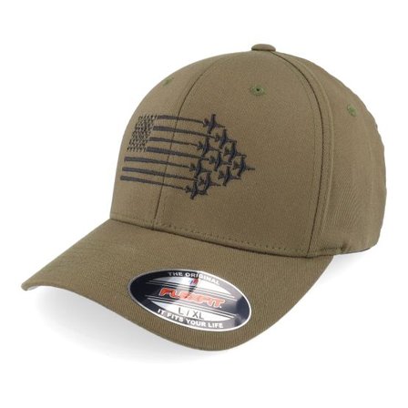 Iconic - Grön flexfit Keps - American Flag Jet Fighter Aircraft Olive Flexfit @ Hatstore