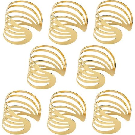 Guld Servett Ringar 8 med Förvaringsväska, Ihålig Skuren Servett Ringhållare, Justerbara Servett Ring Spännen