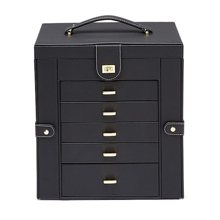 Suuri 6-kerroksinen nahkainen suorakulmainen korurasia sivulokeroilla, musta, 12,00" x 6,61" x 13" (30,3cm x 16,8cm x 33cm) (LxWxH)