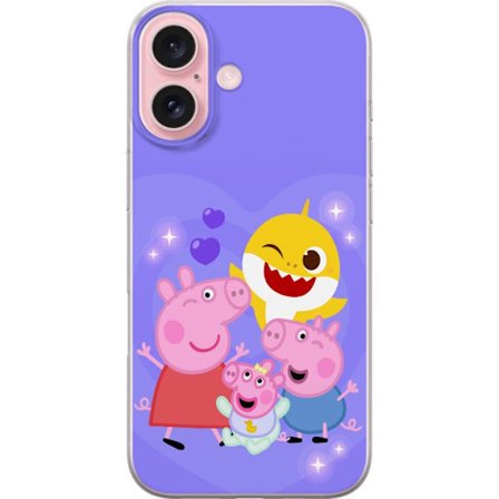 Kompatibel Mobilcover til Apple iPhone 16 Peppa Gris mønster med hjerter, sommerfugle og venner, lyserød baggrund i bløde børneillustrationer