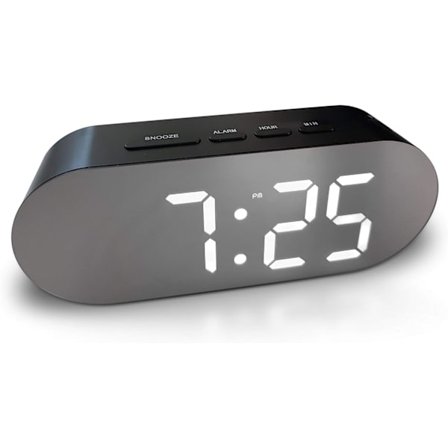 Digitalt Vækkeur - Netdrevet, Stort Spejlskærm med Tal, Snooze & USB-opladningsporte (Sort)