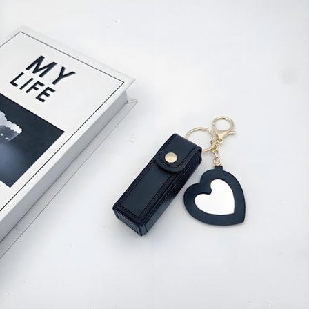 PU-skinn bærbar oppbevaringsveske for leppepomade med nøkkelring, oppbevaringsveske for leppestift med mini-speil