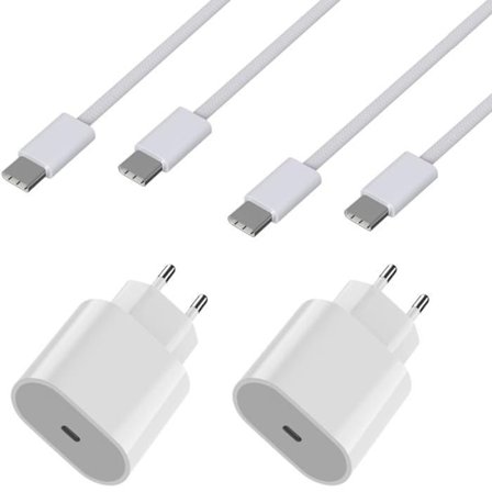 Snabbladdare 20W - Phonillico - Paket med 2 - USB-C-kablar 1m - Kompatibel med Airpods 4/Pro 2/Max 2024