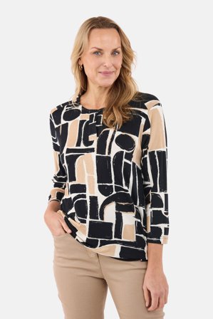 BRANDTEX - Langærmet T-shirt - Sort / Beige - Mønstret