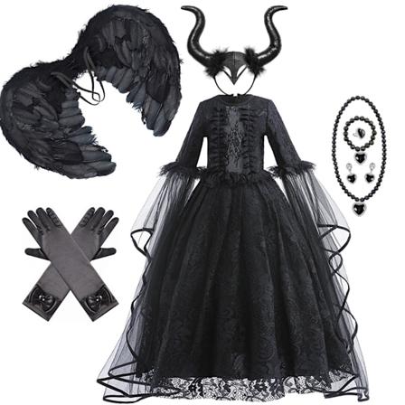 Maleficent jentekjole Luksus blonder svart heks kjole barn Halloween karneval cosplay kostyme mørkt tema cosplay kostyme kjole sett-WELLNGS Dress Sets