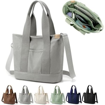 Tote Bag with Multiple Compartments and Zipper, Handmade Canvas Tote Bag with Pockets, Multifunctional Shoulder Bag for Women, Ladies, University, 