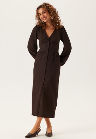 Bubbleroom - Structure Button Midi Dress - Brown - Kläder