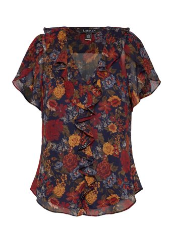 Lauren Ralph Lauren Floral Ruffle-Trim Georgette Blouse - Navy - S
