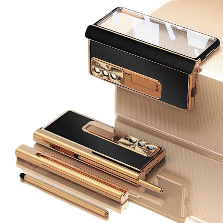 For Samsung Galaxy Z Fold 3 Magnetisk deksel 4-i-1 hengsel S Pen-holder luksuriøst skinndeksel med penn, full beskyttelse