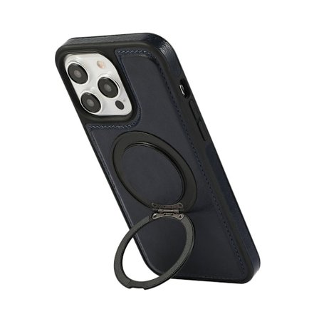 Etui til iPhone 15 Pro mørkeblå, egnet for magnetisk lading, roterende stativ, lær, business