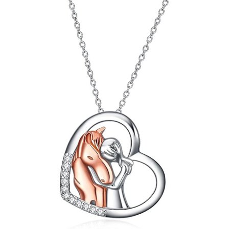 Halsband med hästberlock i 925 sterling silver, flickor som omfamnar häst (halsband med häst och flicka)