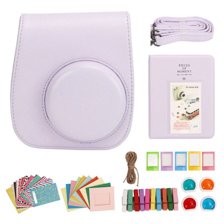 JFJC Mini Instant Camera beskyttelsestaske PU-etui til Fujifilm Instax Mini 12 med albumfiltre Farverige hængende rammer Klistermærker Lilla
