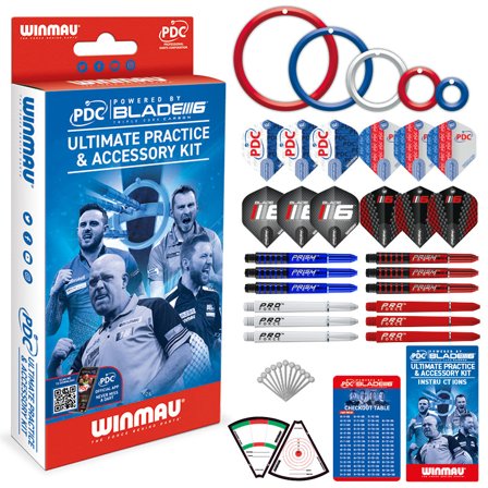 Winmau Darts Practice Kit: PDC Ultimate Accessories - Steel Tip Darts, Flights, Shafts, Rings, Checkout Chart, 2 Sets