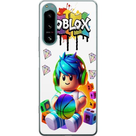 Yhteensopiva Puhelinkuori Sony Sony Xperia 5 IV Värikäs Roblox-kuvitus pelihahmolla, leluilla ja energialla, täydellinen pelifaneille ja moderniin