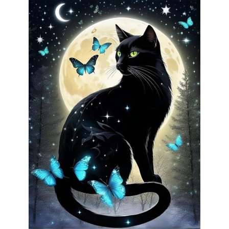 5D Diamantmaling Svart Katt & Månekatt - DIY Runde Perler For Nybegynnere, Sommerfugldesign 30x40 cm Hjemmedekor