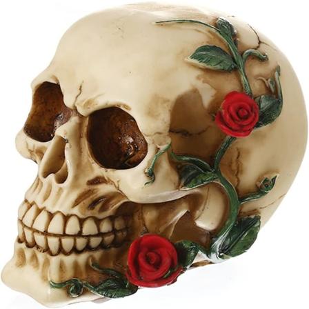 Menneskeskalle med Rose Resin Statue Hovedskulpturer i lille størrelse Kraniet samleobjekter